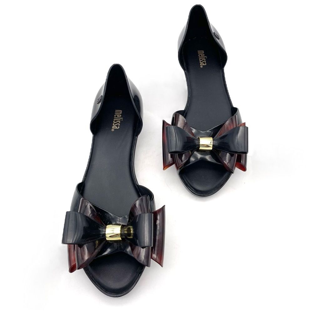 Melissa Seduction Bow Jelly Flats Black Tortoise Melflex Sandals Women’s Size 5